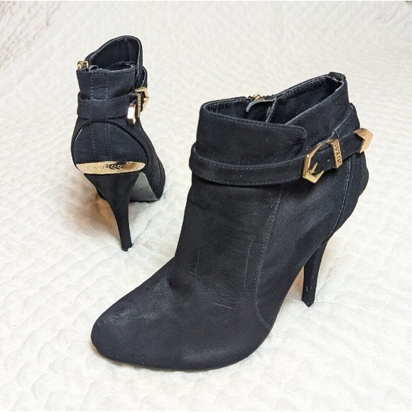 Guess Shoes - Guess Black Heel Booties Suede Ankle Boots Booties Stiletto Gold Logo Buckle 6.5